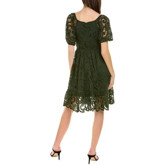 Nanette Lepore Dark Green Lace Midi Dress Puff Sleeve Holiday Size 8 - Picture 2 of 13